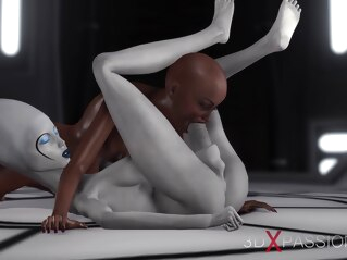 Sexy sci-fi female alien plays with a black girl in the space station shemale big cock shemale big tits shemale blowjob